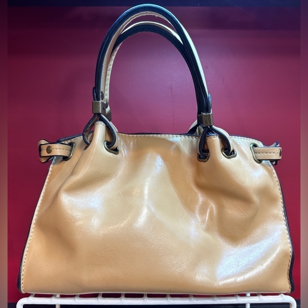 Simply Noelle Small Tan or Light Brown Faux Leather Double Handle Handbag - Picture 2 of 16